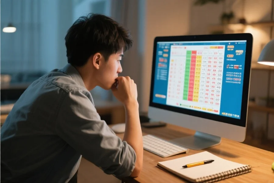 一位年轻人在桌前认真分析电脑屏幕上的彩票走势图,旁边有笔记本和笔,展现专注思考的氛围
