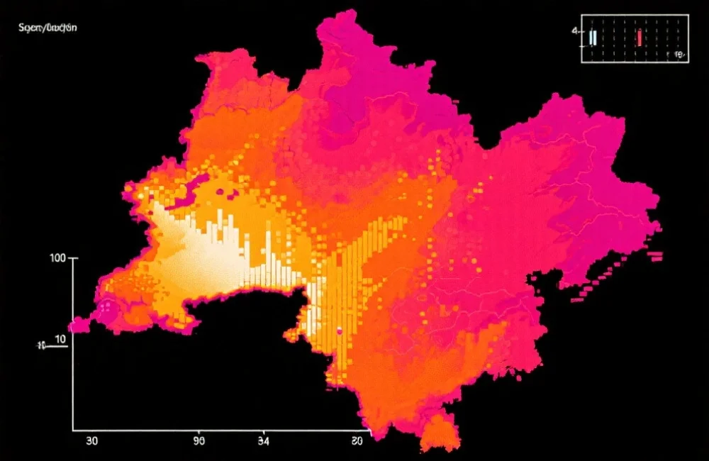 一张高对比度的热力图，展示数据分布与热点区域，配有简洁的图例和坐标轴